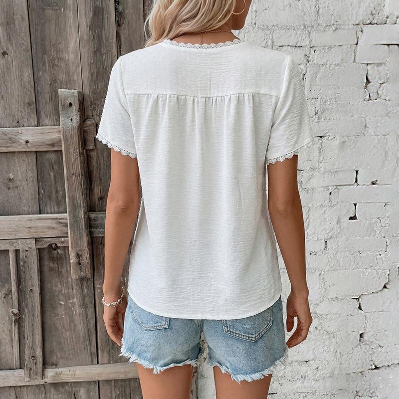 Womens V Neck Lace Trim Short Sleeve Casual Blouse