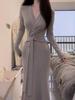 2025 Women's V-neck Tie-up Long Sleeve Knit Dress - Autumn Slimming Midi Skirt
