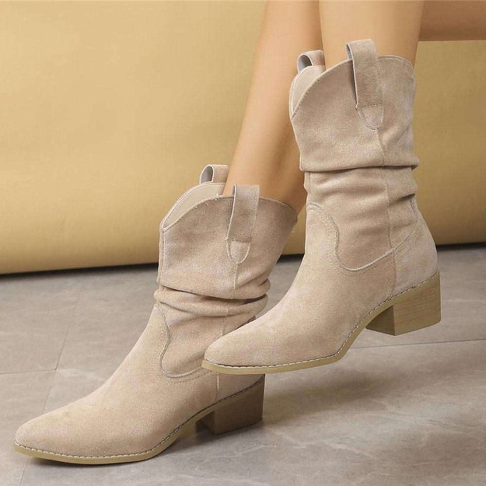 Big Size 43 Vintage Black Cowboy Boots Women Retro Leopard 5cm Heels Mid-calf Boots Shoes Winter Beige Cowgirls Western Boots