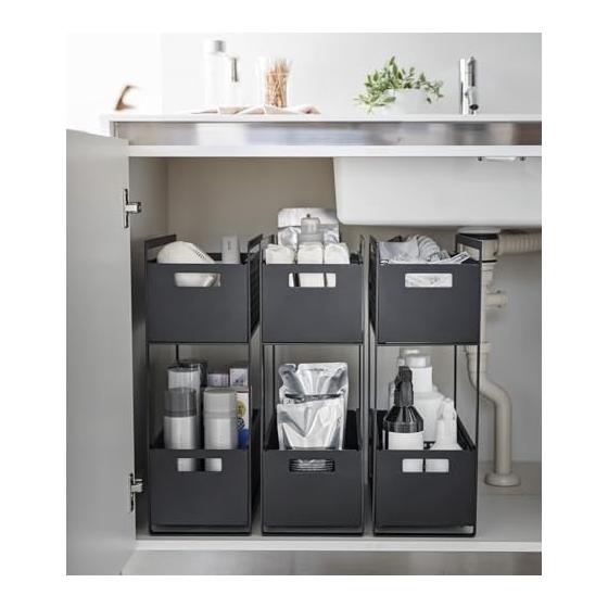 Yamazaki Jitsugyo 5219 Under Sink Storage Basket, 2 Tiers, Black, Approx. W16 x D32.5 x H46cm, Tower Sliding Storage Rack with Dividers, Complete
