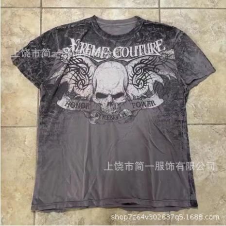 Summer Men's Fashion Skull Letter Printing Trend Slim Fit Casual 3D Digital Printing Short Sleeve Top