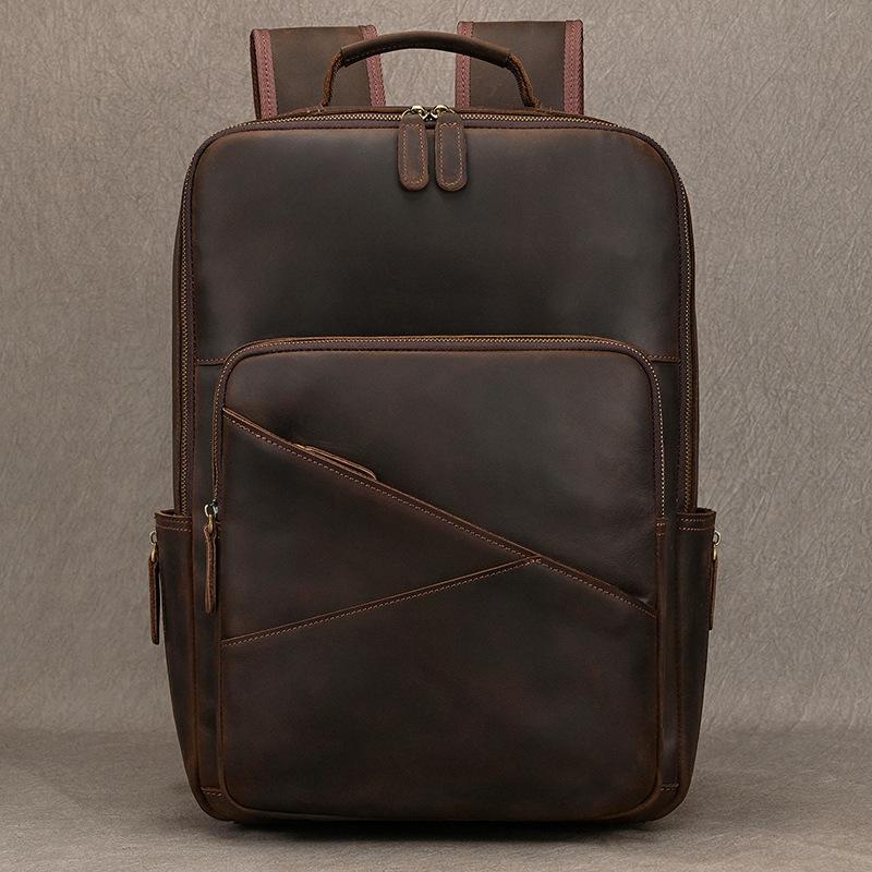 Men S Crazy Horse Leather Backpack 15 Inch Retro Men S Leather Work Computer Backpack Casual Cowhide Travel Bag