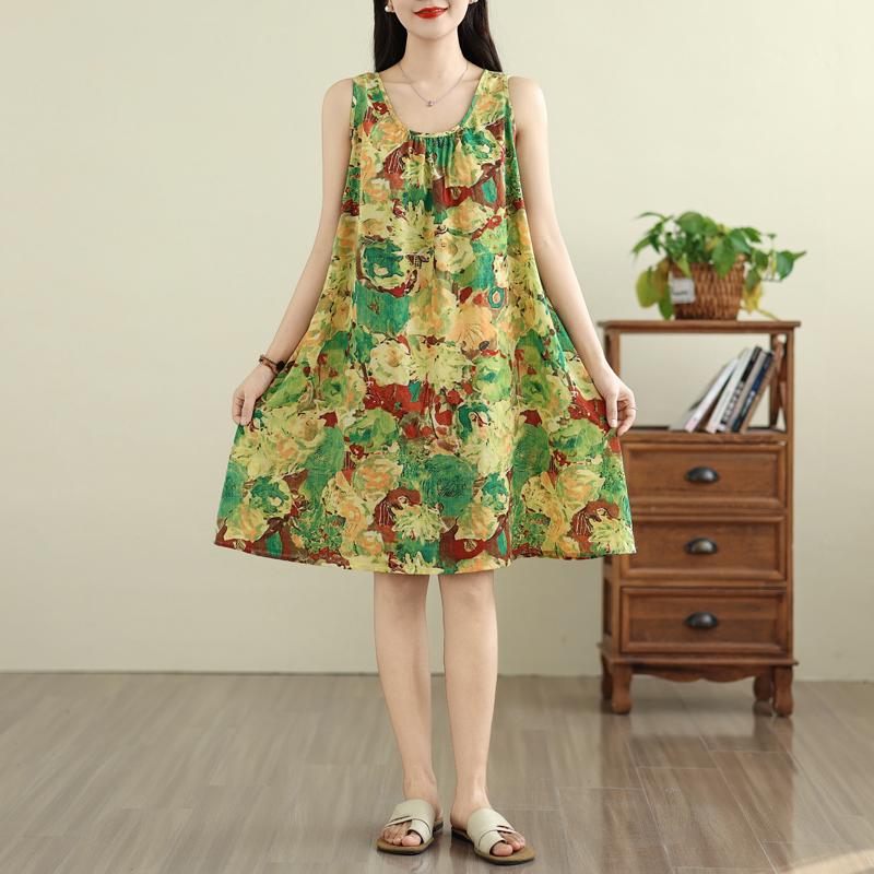 

DIMANAF 2025 Новое женское летнее платье больших размеров Повседневный винтажный сарафан с цветочным принтом Свободное платье Базовое платье M зелёный