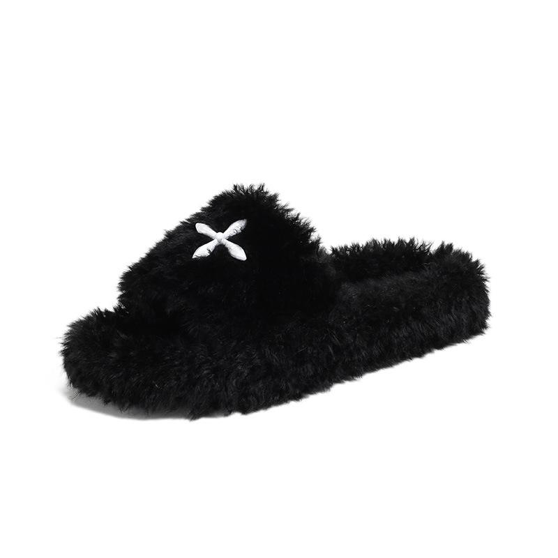 Spot Velvet Thick Bottom Flat Bottom One Word Large Size Fairy Fluffy Slippers Outer Wear Female Spring and Autumn 2025 New Models