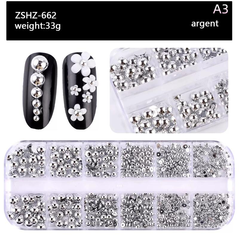 

12Grids Manicure Nail Salon Accessories Mixed Semi-circular Pearl Gold And Silver Nail Charms Nail Decor