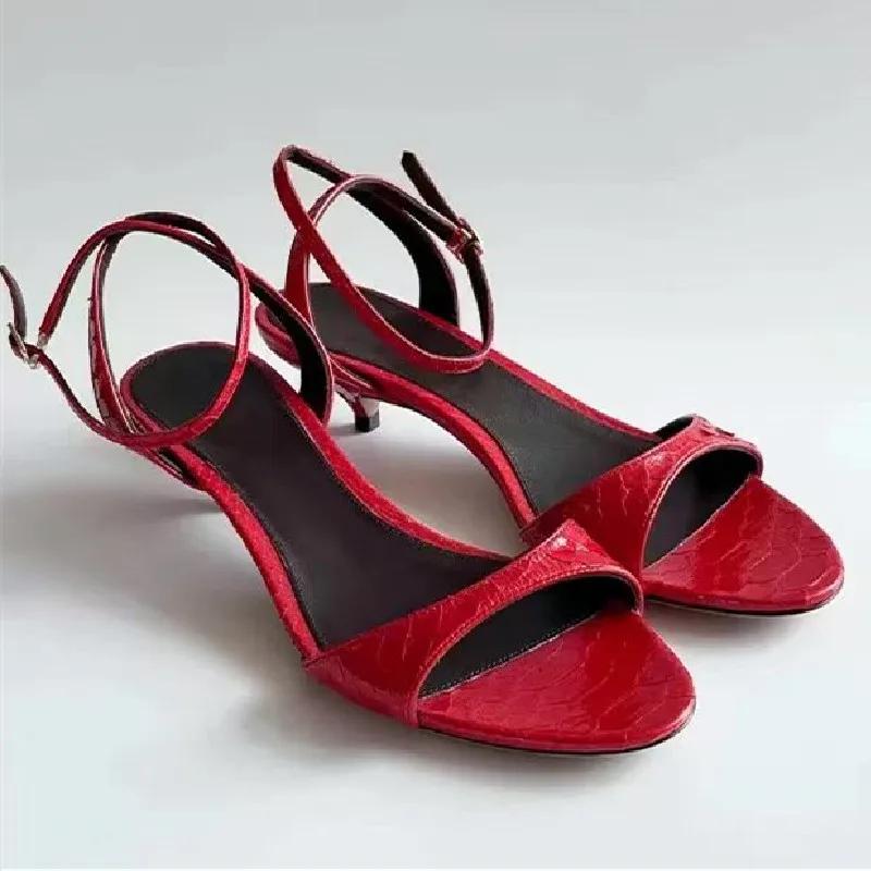 Fashion Red Kitten Heel Brand Women Sandals Sexy Open Toe Ankle Strap Buckle Designer Shoes Elegant Shallow Office Shoe Zapatos De Mujer