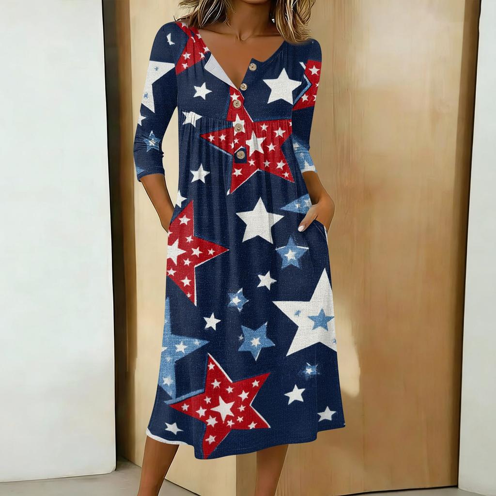 Women's Casual 3/4 Sleeve Button Front Midi Dress with Independence Day Print and Relaxed Fit for Everyday Wear