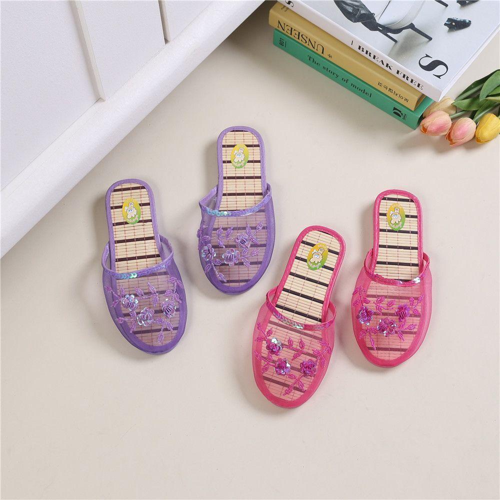 Handmade Beaded Home Slippers Women's Summer Indoor Mesh Wooden Flooring All Season Slippers Flat Heel
