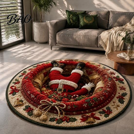 Kerstfeest Woondecoratie Rond Kerst 3D Vloerkleed, Optische Illusie Vloerkleed Kerstman Kabouter Gewatteerd-achtig Creatief Cadeau voor Antislip Wasbare Vloer