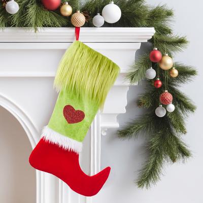 2025 Christmas Socks Long Haired Green Fur Grinch Elements Christmas Socks Candy Bag Christmas Pendant Gift Bag
