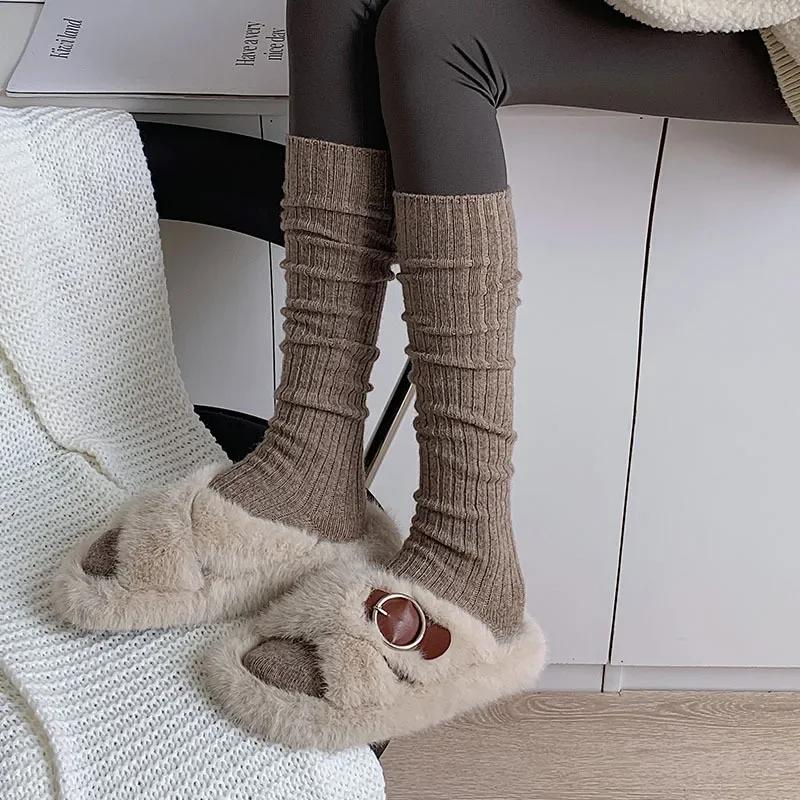 Stockings Women Autumn Winter Thick Warm Knee Socks Women Stockings Wool Cashmere Thermal Girls Solid Color Long Socks Stockings