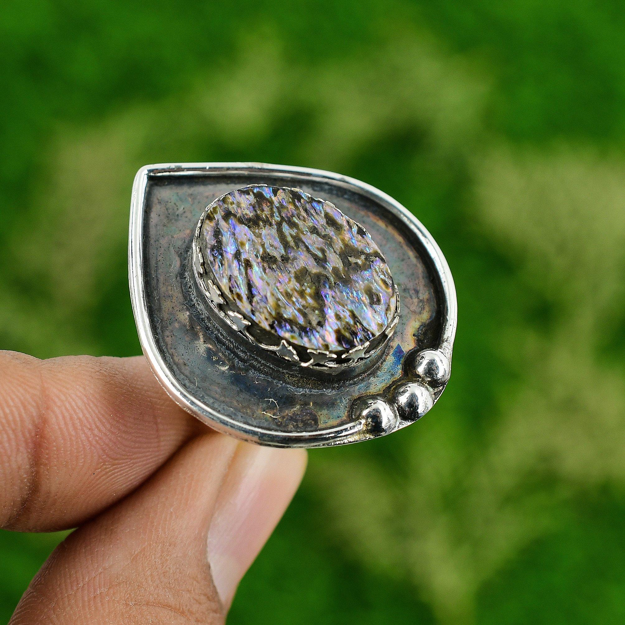 

Natural Abalone Shell Gemstone Statement Adjustable Ring 925 Sterling Silver Adjustable