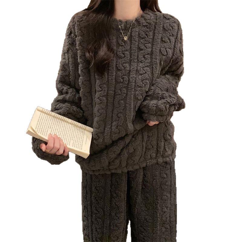 Coral Fleece Jacquard Pajamas Set Women Autumn Winter Fleece Thickened Warm Crew Neck Cable Knit Loungewear Wearable Outside