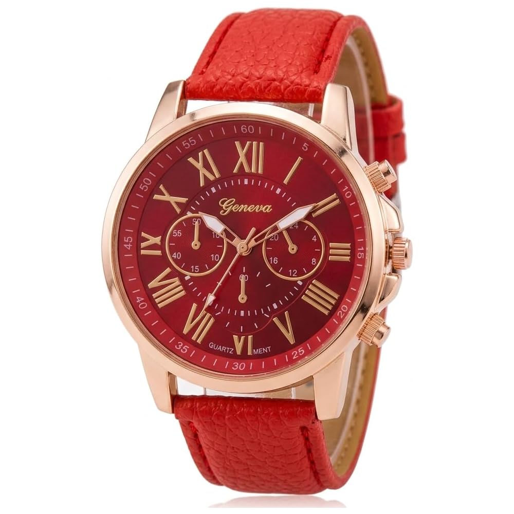 ZooooM Analog Quartz Watch Round Face Fake Leather Strap Chronograph Casual Business Formal Red