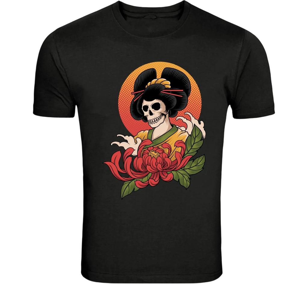 Geisha Skull Chrysanthemum T-Shirt - Japanese Tattoo Style