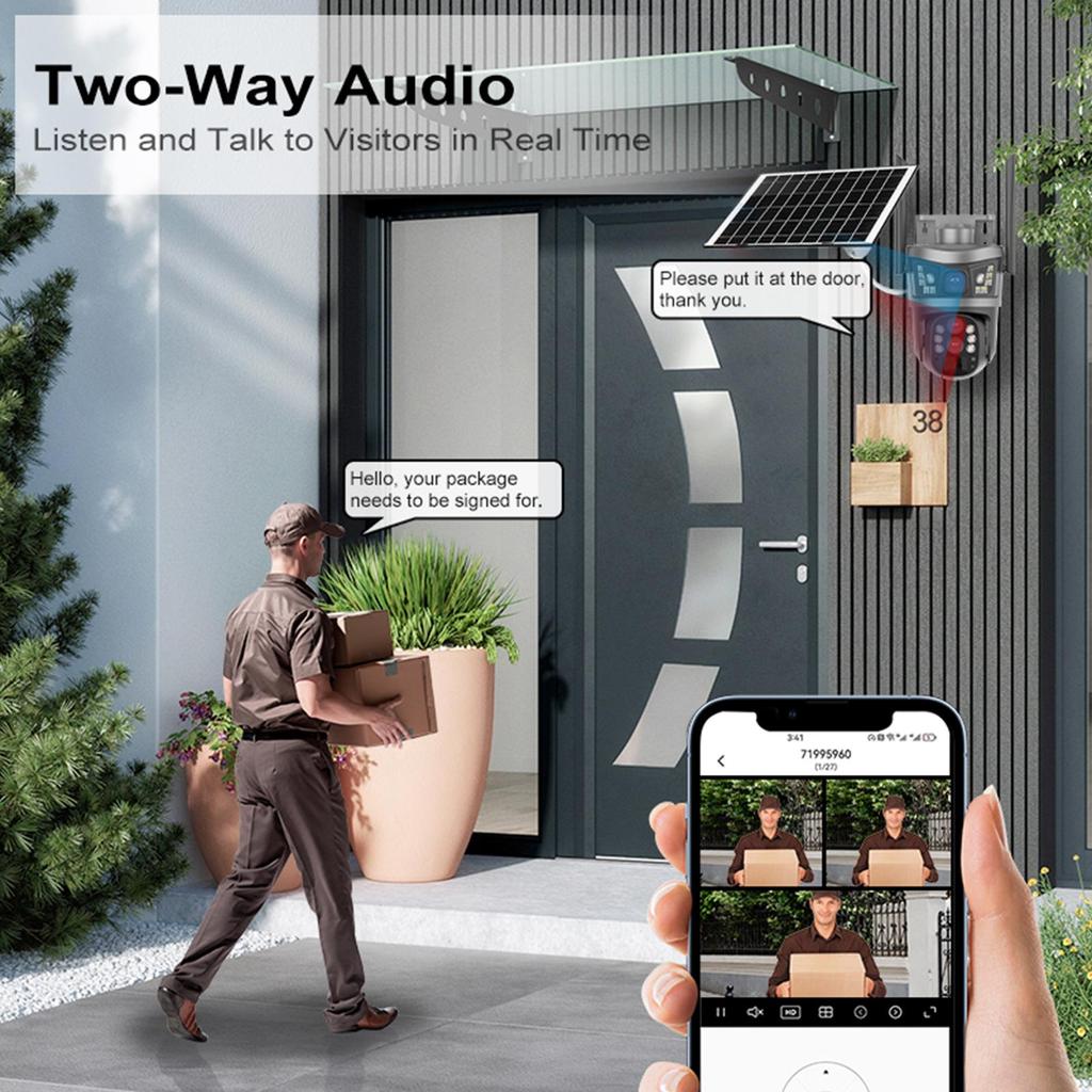 Panorama-Solarkamera mit Dual-Bildschirm, 4G, Triple-Objektiv, 10x Zoom & Überwachung mit Akku mit geringem Stromverbrauch