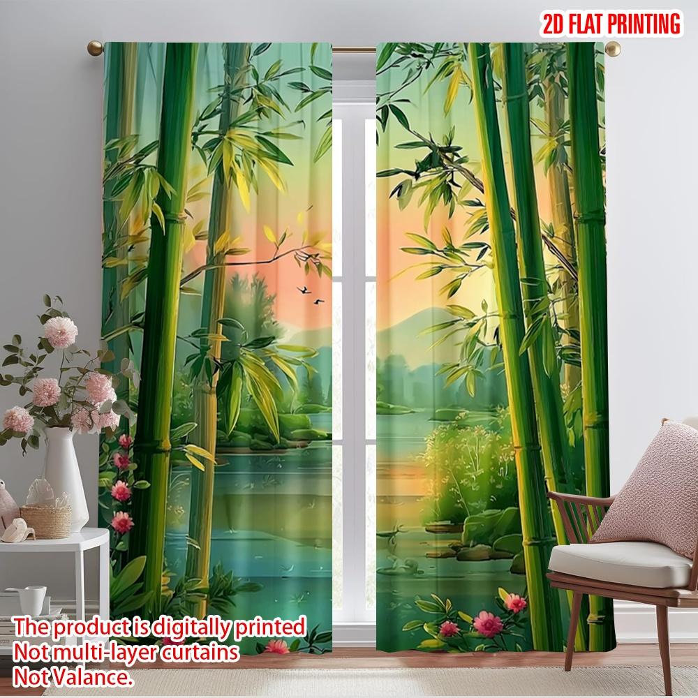 

2pcs 2D flat printing Curtains Chinese Bamboo Lotus Landscape Natural Scenery Polyester Without Electricity Festive Wall Decor 100*130 Grommet Top 1pcs