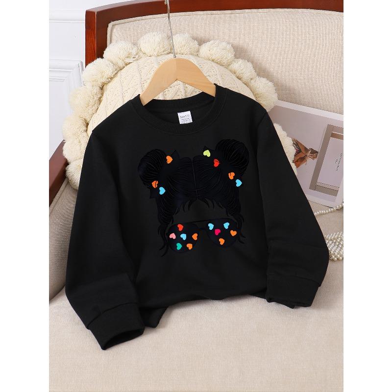 Kids Unisex Crewneck Sweatshirt, Cute Double Hair Buns Colorful Heart Sunglasses Print Soft Fleece Pullover For Kids Over 4 Years Old