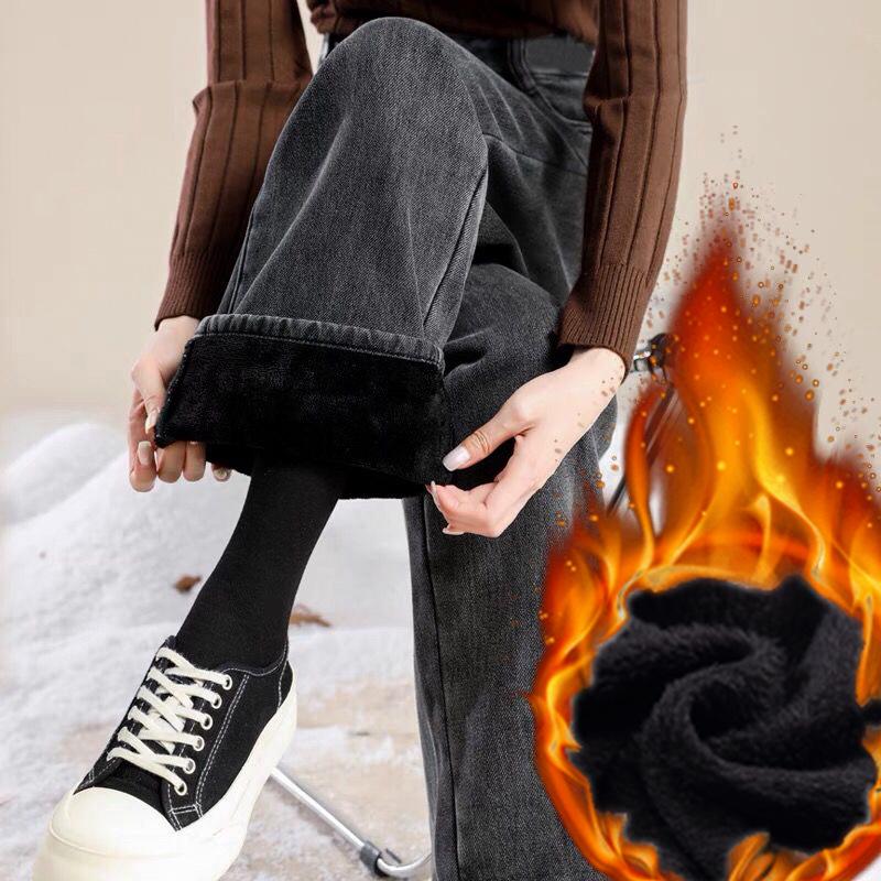 Women's Black & Gray High-Waist Velvet Wide-Leg Jeans - Thick, Warm, and Loose for Autumn & Winter