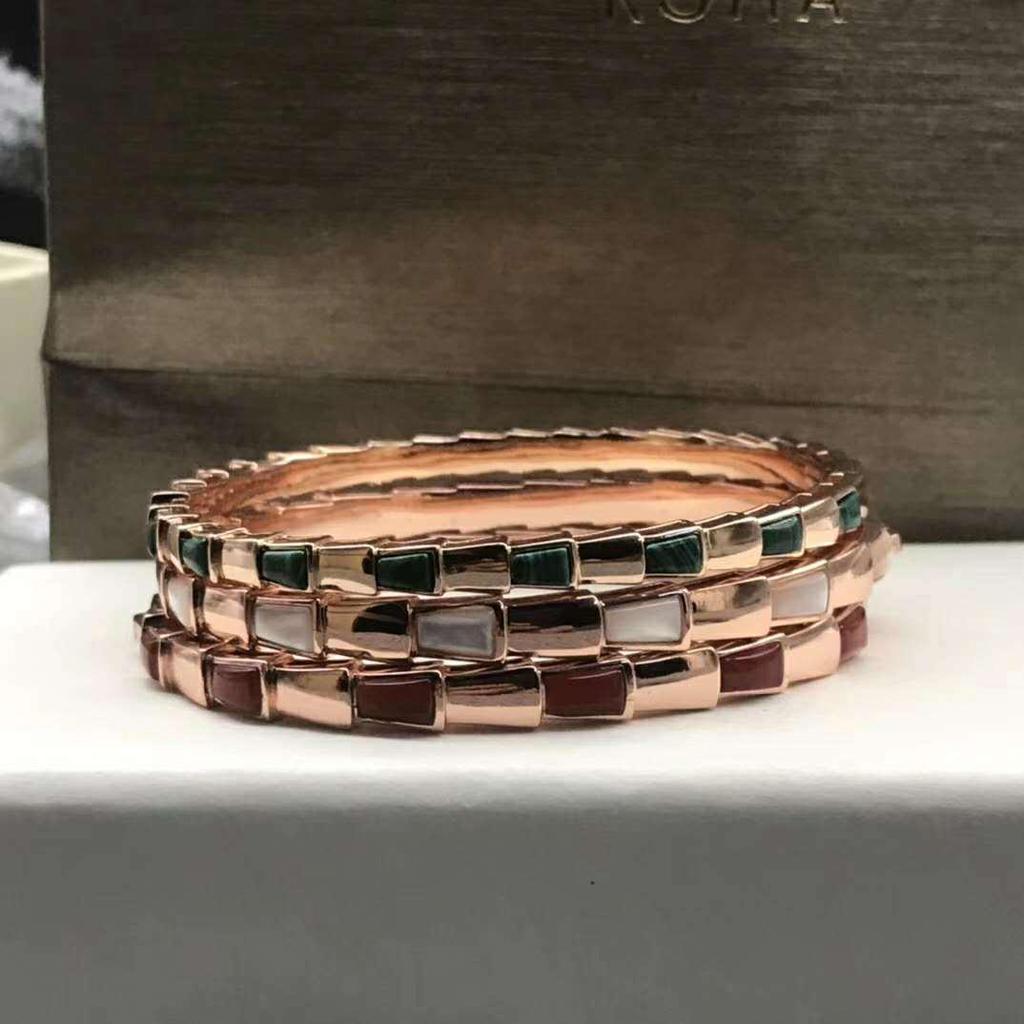 Sterling Silber Schlangenarmband mit Voll-Diamanten, natürlichem Perlmutt & Achat, in Pfauengrün für Paare - Unisex Europäischer & Amerikanischer Stil