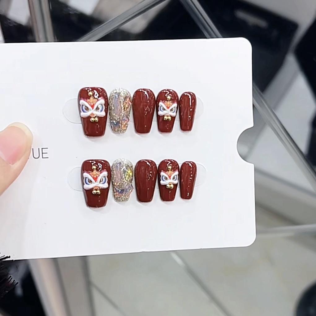Pure Hand-made Phototherapy Wearer Red Lion Dance Finished Product Reusable Nail Art Patch