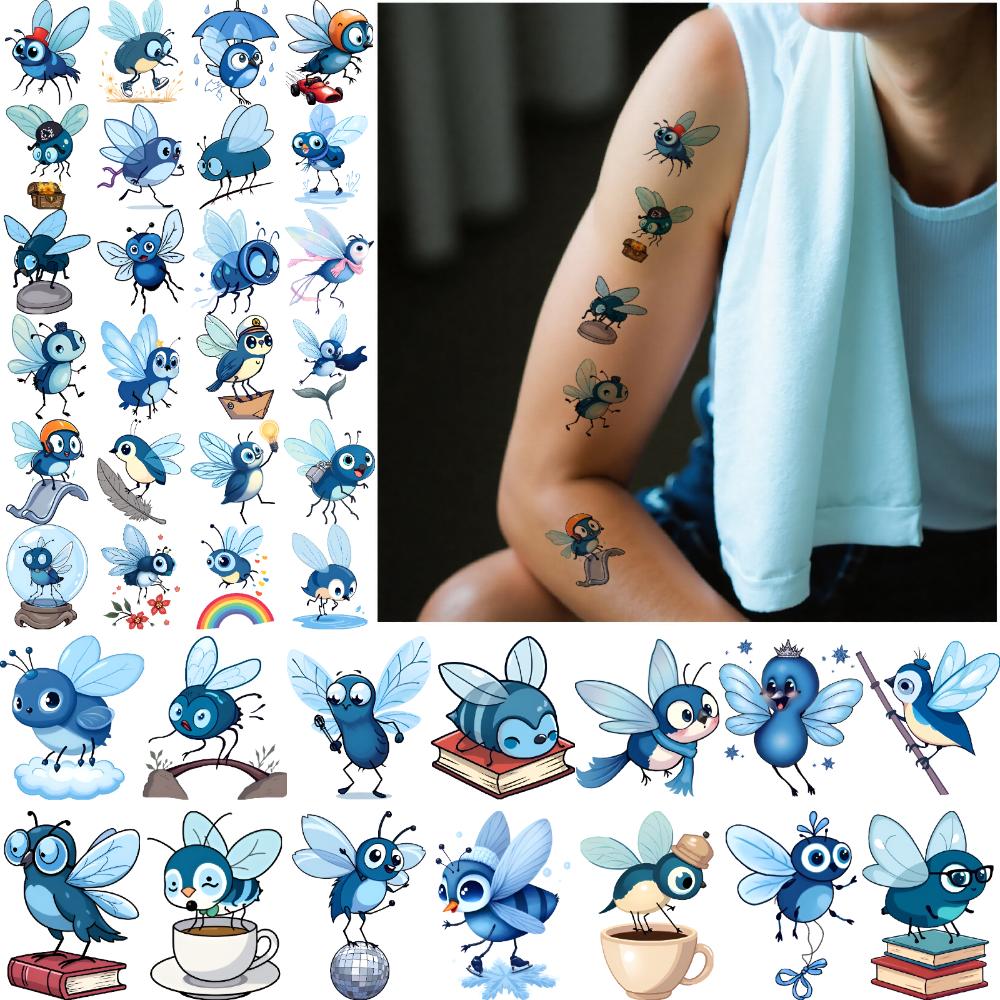 54pcs Temporary Tattoo Blue Cartoon Flies Temporary Tattoo Stickers Cute Illustrated Bees Cartoon For Cheeks