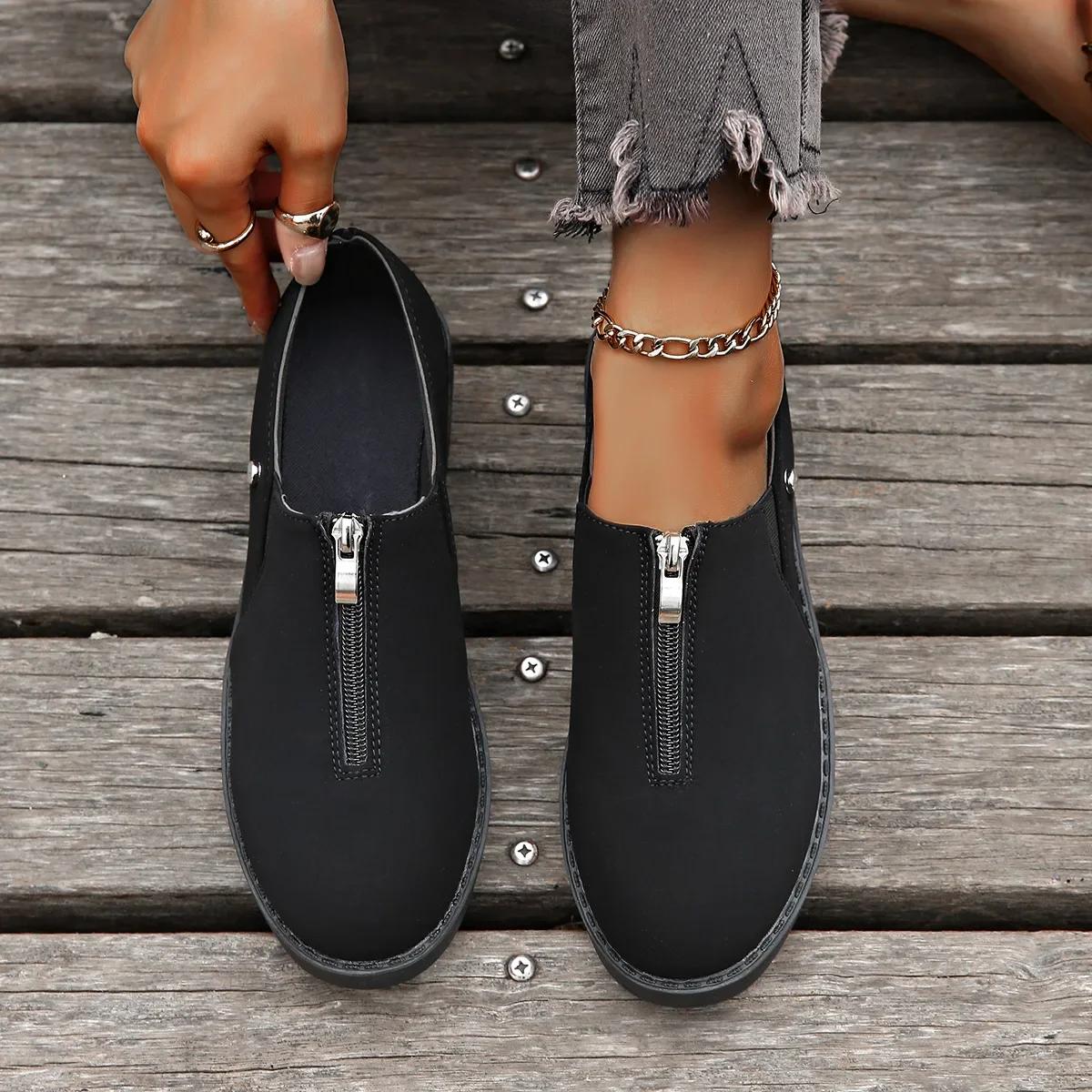 

Маленькие кожаные туфли в ретро-британском стиле для женщин, осень 2024 г., новые туфли-лоферы с круглым носком и толстым каблуком, с молнией спереди, женские кроссовки 43 чёрный