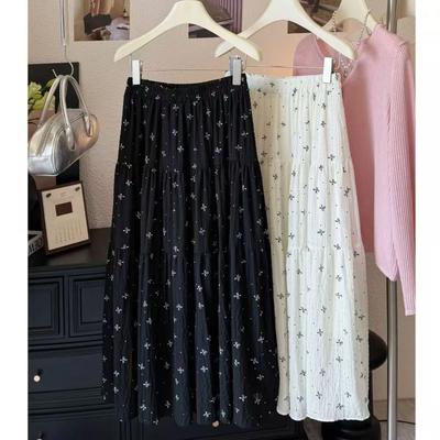 Women's White Star Print Tiered A-Line Midi Skirt Elastic Waist Sheer Lightweight Casual Skirt