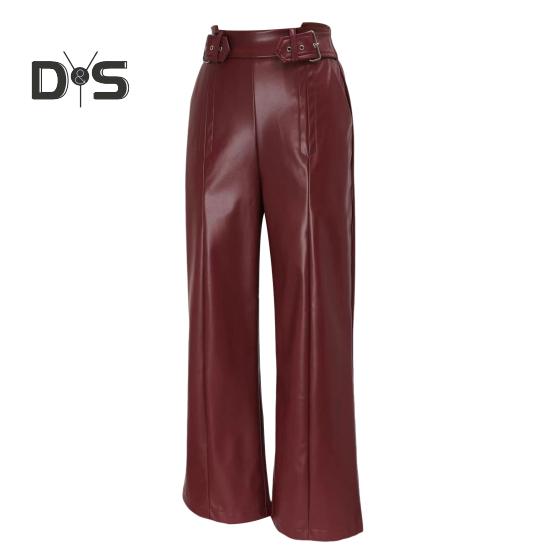 

Женские расклешенные брюки, узкие, с высокой талией, свободными карманами, из искусственной кожи, с эластичной талией, с широкими штанинами, однотонные брюки для работы, отдыха, повседневной носки L вино красного
