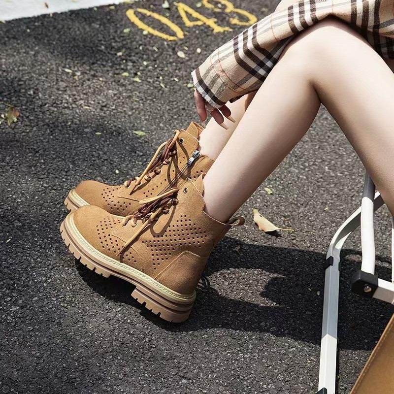Thick-soled hollowed-out rhubarb boots women's summer new inner height increase leather breathable punched Martin boots lace-up cool boots