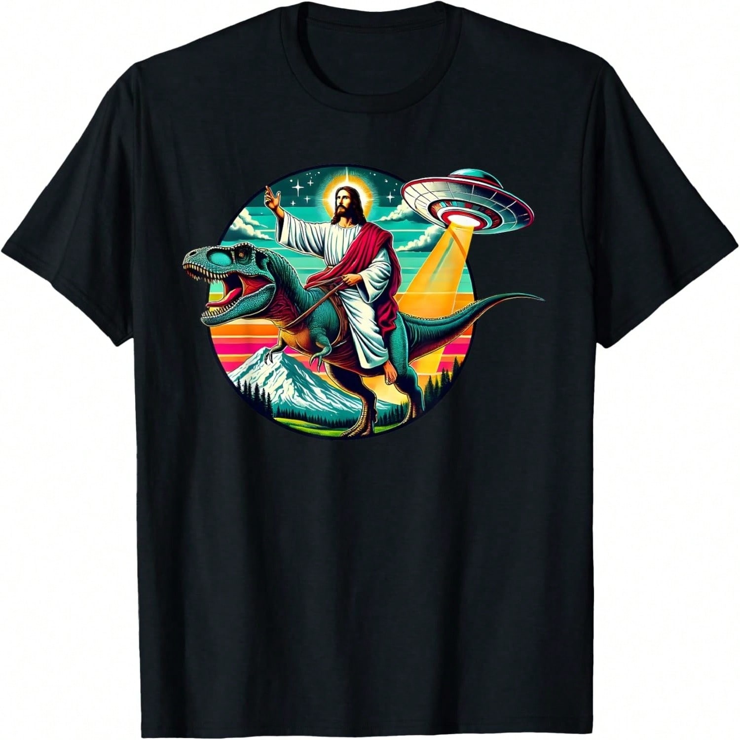 Jesus Riding Dinosaur UFO Alien Cross Religious Retro God T-Shirt S разноцветный