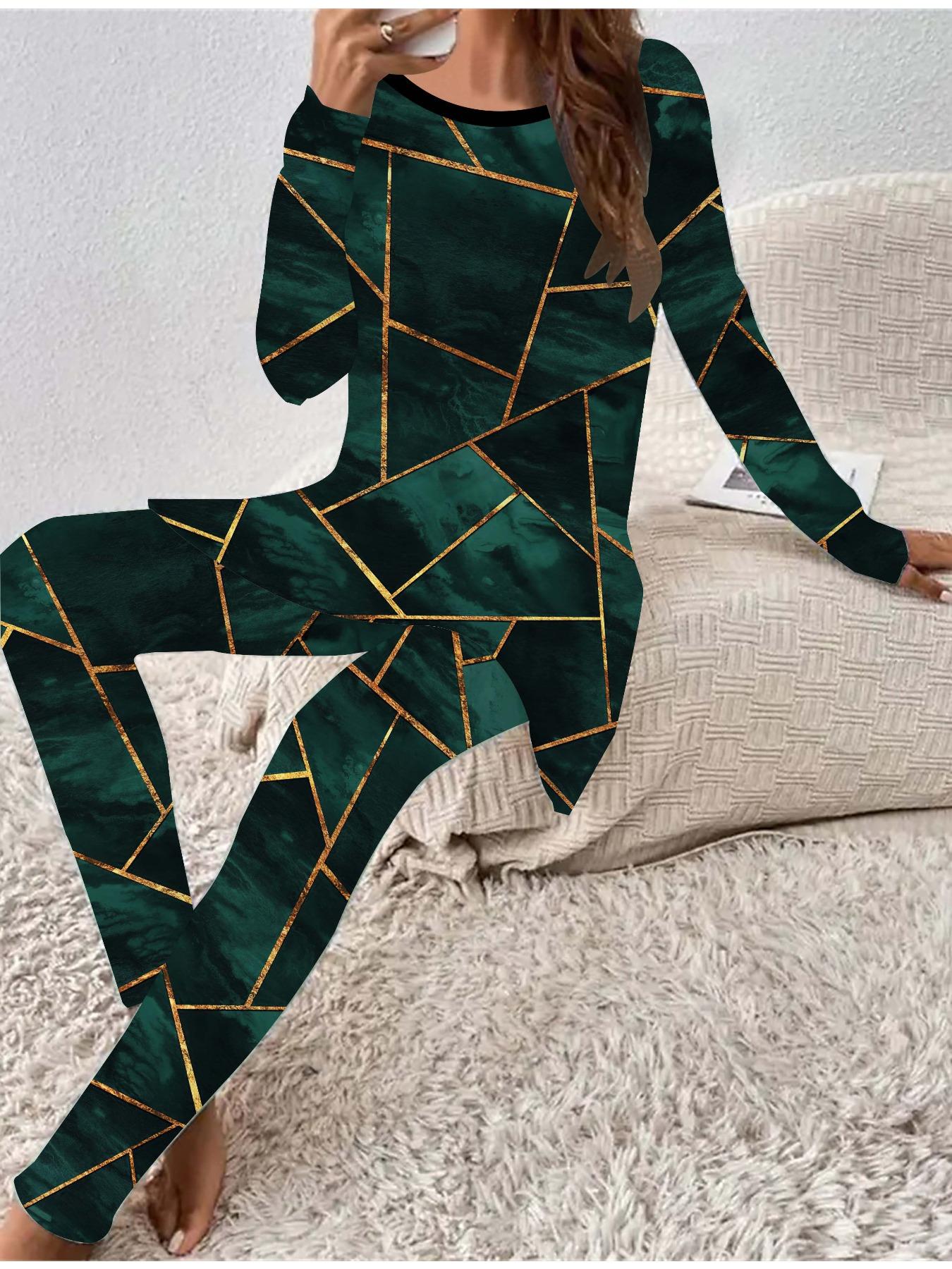 

Евро-американская мода 3D Геометрический принт Женский Четырехсезонный Комплект из футболки с длинным рукавом + длинных брюк. Идеальный подарок на Новый год и Рождество 8XL дубильная кора