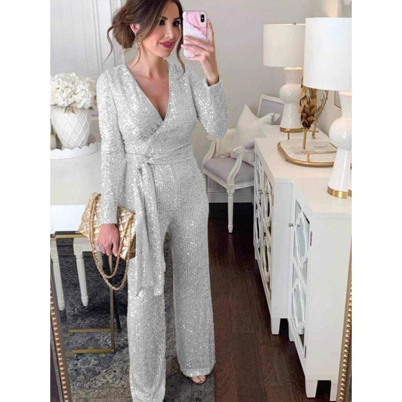 V-neck Long sleeve Shiny Crystal Sequin Waist Hugging Jumpsuit Formal Dress Women V-Neck Jumpsuit Pants Women