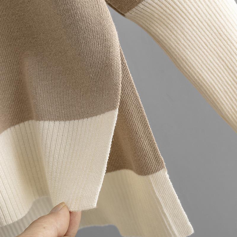 QICED Fashionable and Casual Women's Autumn and Winter V-neck Color-blocking Knitted Sweater and Loose Wide-leg Pants Two-piece Set