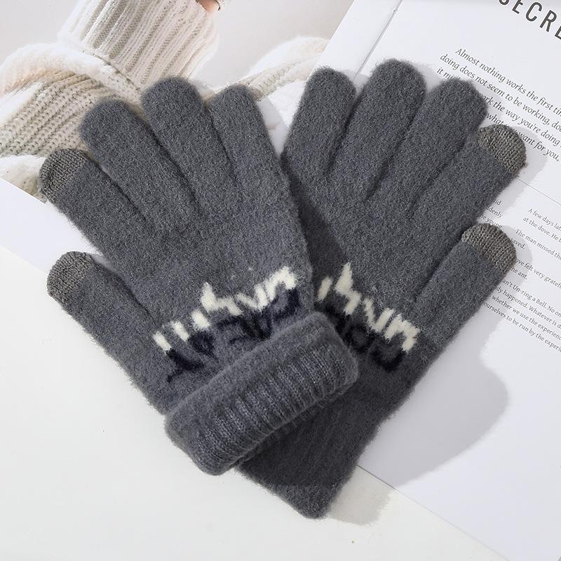 Touchable Screen New Autumn and Winter Men's Knitted Warm Gloves Cycling Cold Proof Letters Jacquard Cycling Fingers Five Fingers