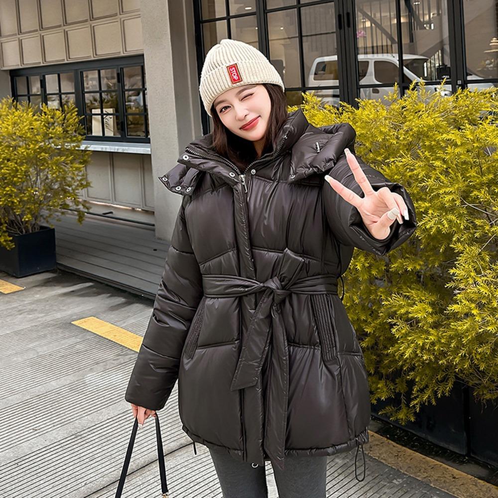 

Solid-colored, comfortable, simple, glossy hooded, waist-tied warm cotton-padded clothing for women XXL темно-коричневого