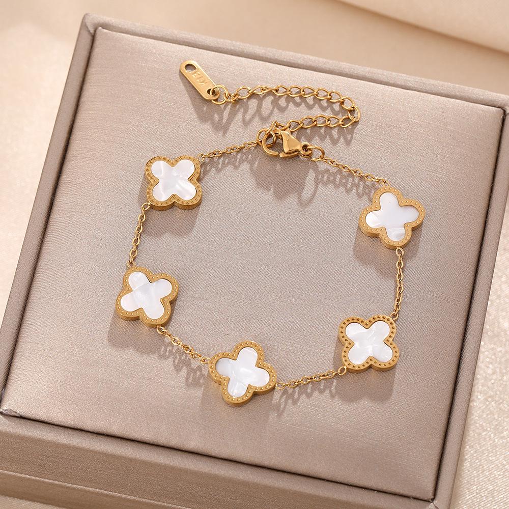 Luxe Titanium Staal Vierbladig Klaver Armband in Koreaanse Stijl met Ingelegde Diamanten voor Vrouwen - Kleurvast