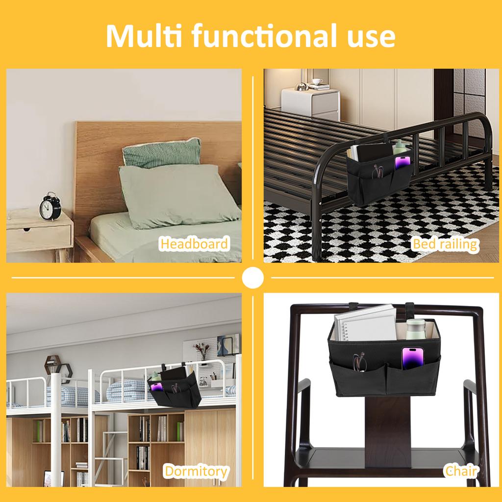 Bedside Storage Bag Cotton Linen Large Capacity Bedside Organizer with Side Pockets Hanging Bunk Bed Caddy for College Dorm Room