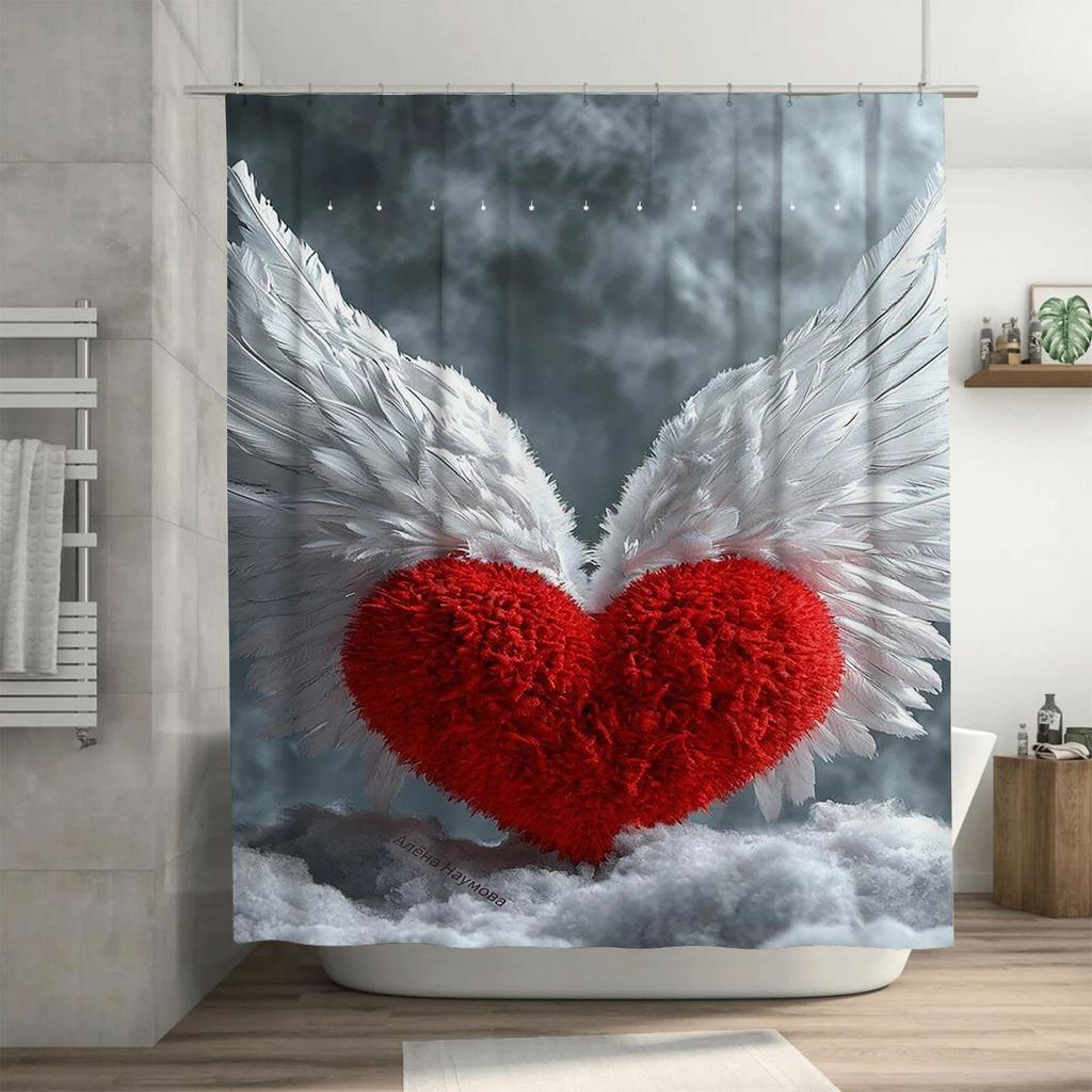 Czerwone Serce ze Skrzydłami Anioła Wodoodporna Zasłona Prysznicowa Odporna na Ciepło Można Prać w Pralkę Nieprzezroczysta 180x180cm