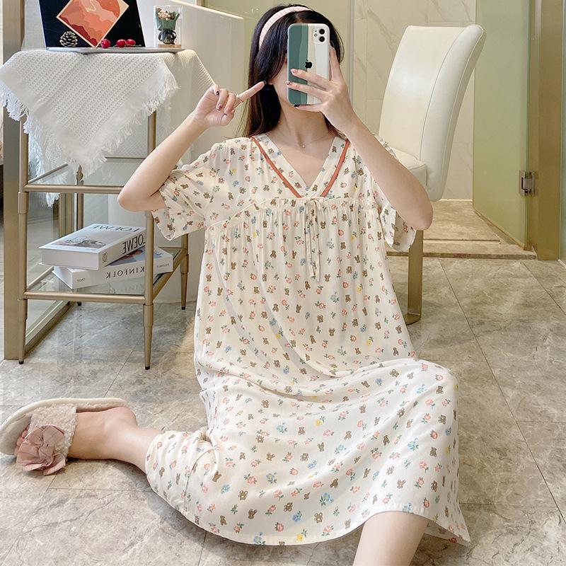 Sweet Summer V-Neck Cotton Rayon Nightgown - Loose-Fit, Short-Sleeved