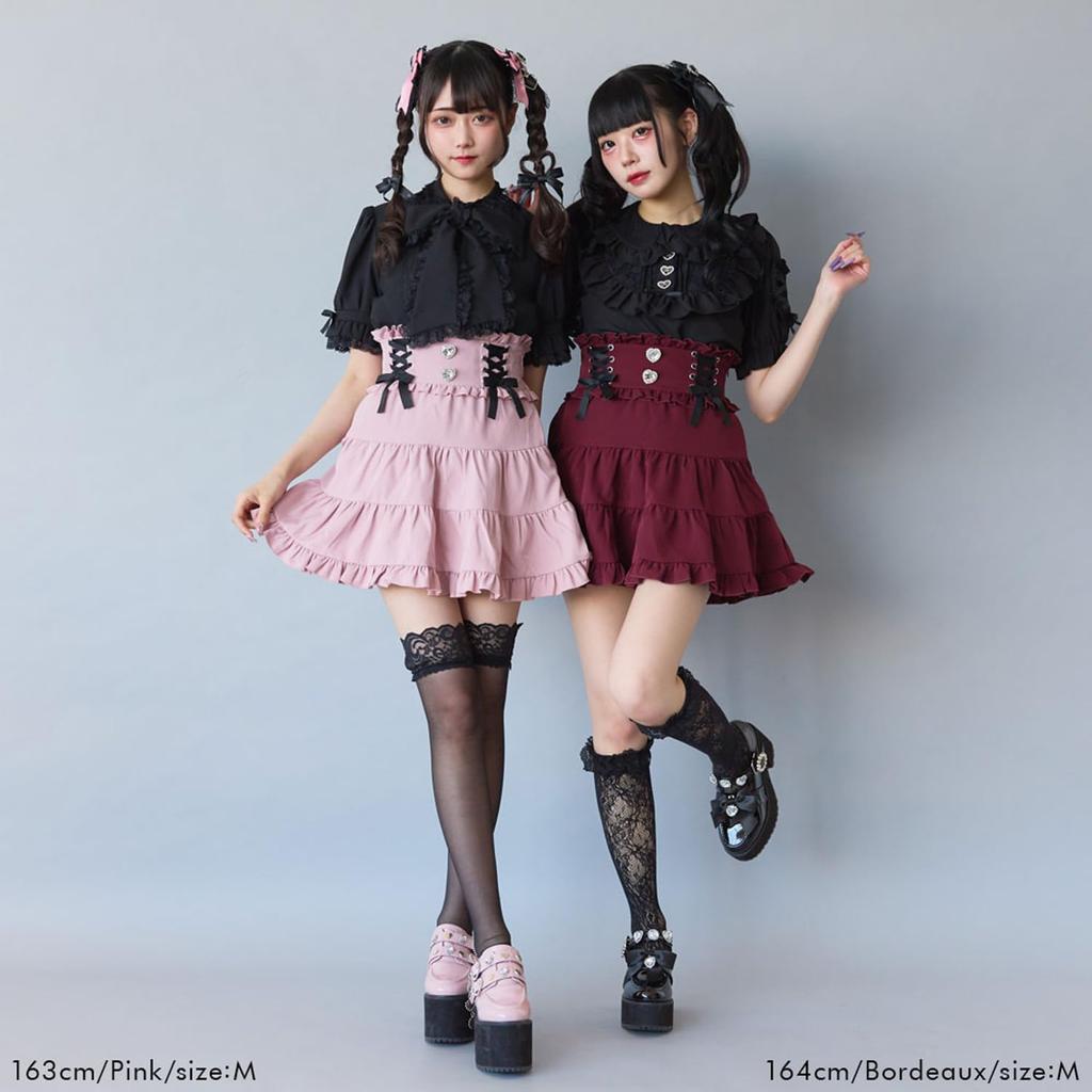 [Yumetembo] Mass-produced Landmine Style Clothing [Dear My Love] Women's Lace-Up Tiered Skirt 534459 Gingham Black