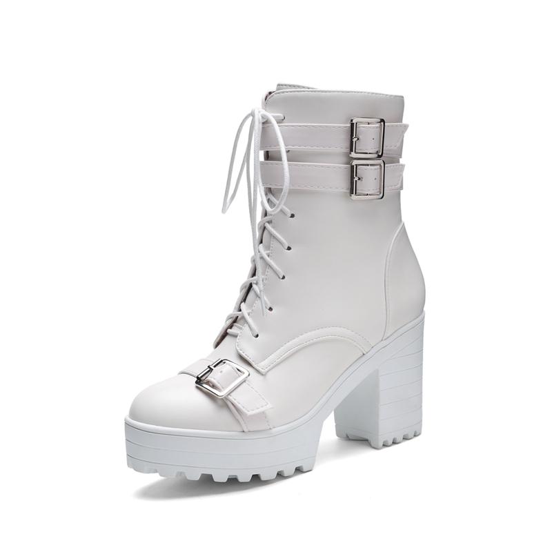 Lace Up Sexy Women Ankle Boots Spring Autumn Fashion Platform Punk High Heels Black White Autumn Rubber Shoes Female Botas Mujer