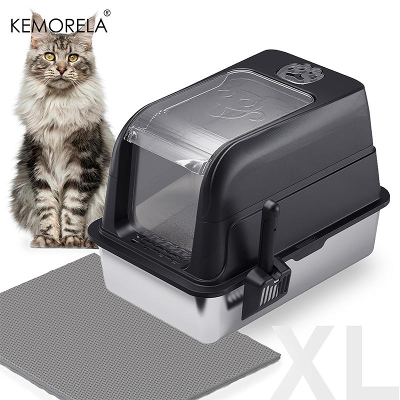KEMORELA Enclosed Stainless Steel Cat Litter Box with Lid and Scoop, High-Sided Metal Kitty Leak-Proof Tray for Small Big Cats