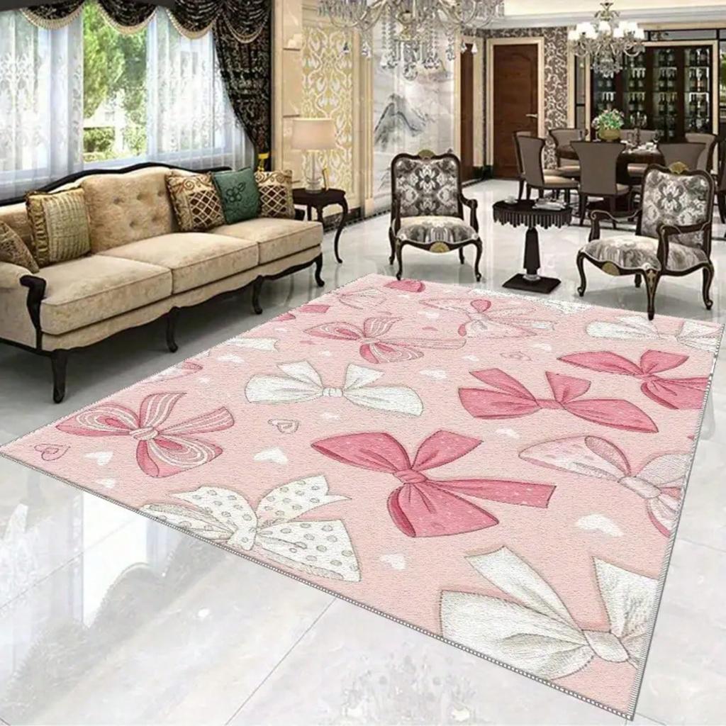 VIKAMA Pink And White Bow Design Carpet, Lightweight Suitable For Bedroom, Living Room, Balcony, Corridor, Office, Room Decor