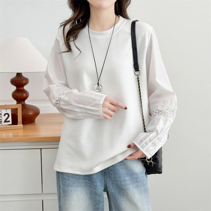 Plus Size Women's Pleated Lace Long Sleeve Patchwork T-shirt - Spring 2026 Versatile Top Hoodie