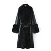 Womens Faux Fur Collar Mid-Length Leather Coat Street Style Slim Fit Winter Outerwear