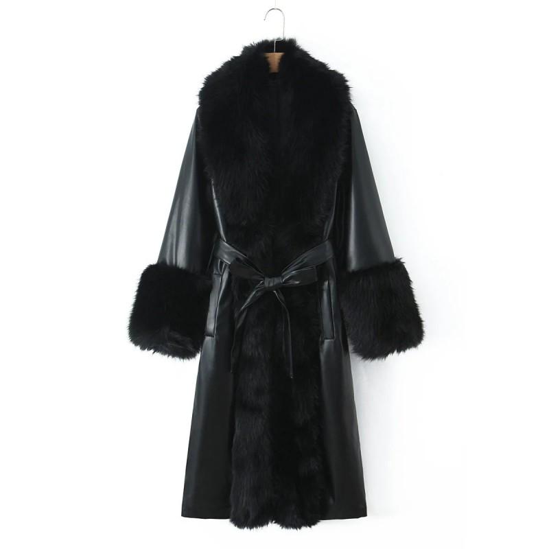 Womens Faux Fur Collar Mid-Length Leather Coat Street Style Slim Fit Winter Outerwear