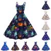 Women Halloween Print Sleeveless Off Shoulder Strap Dress Vintage A Line Fit Flare Midi Dress with Themed Pattern for Holiday Party