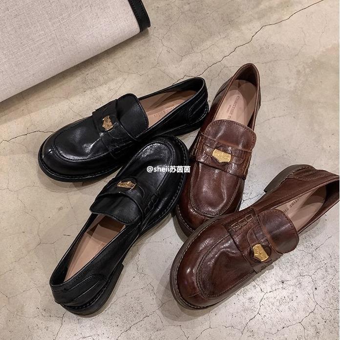 Su Yinyin's same style~ 2025 new horse skin retro polishing small gold coin thick heel loafers women's polishing process