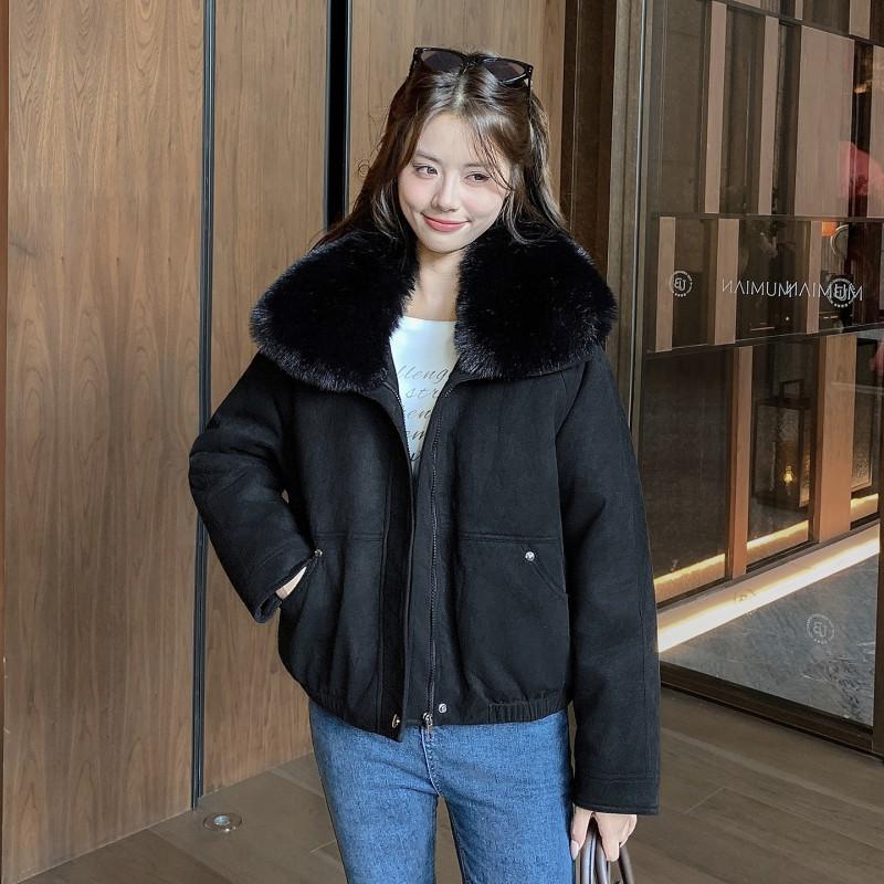 Womens Short Puffer Coat With Detachable Faux Fur Collar Warm Cotton-Padded Jacket Winter